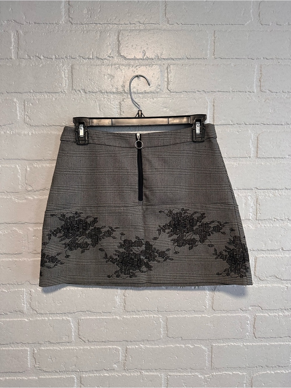 Zara black + grey plaid mini skirt with floral embroidery